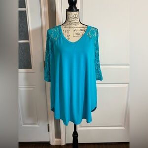 Zenana‎ Turquoise Blue Floral Lace Sleeve Baseball Tee T-shirt Tunic Top Blouse